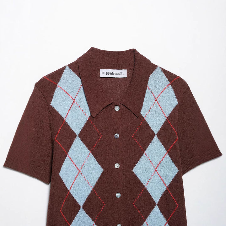 Femme Kortærmet Argyle Strik Button-Up Skjorte Stilla