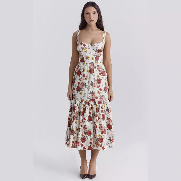 Dame Maxikjole med blomsterprint og voluminøs nederdel Stilla