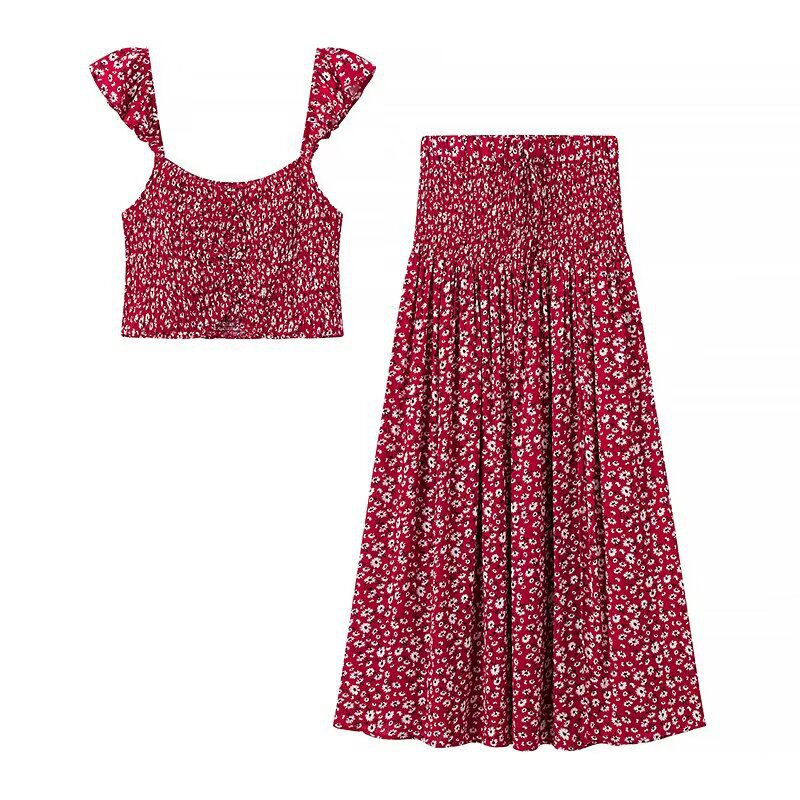 Femme Floral Crop Top og Maxi Skørt Sæt Stilla