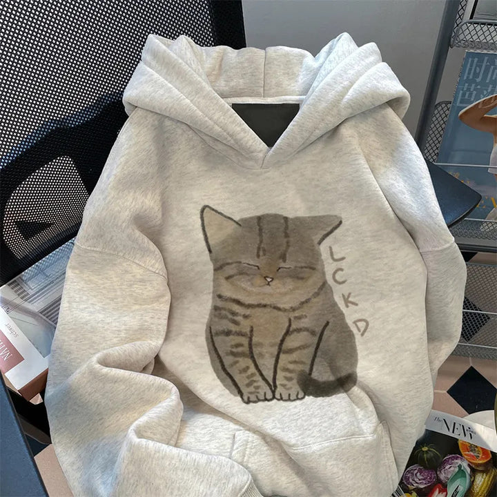 Dame hoodie med unikt kattemotiv og komfortabel pasform Stilla