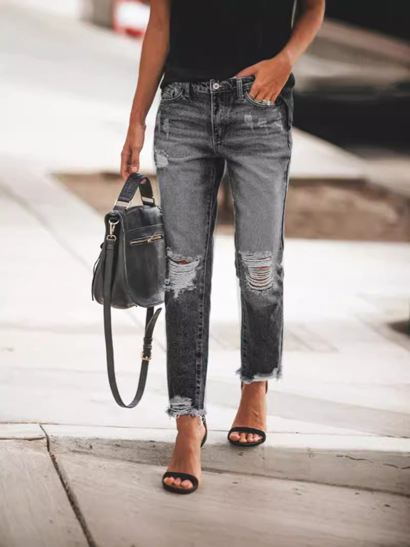 Dame Ripped Denim-Jeans med afslappet snit og frynset kant Stilla