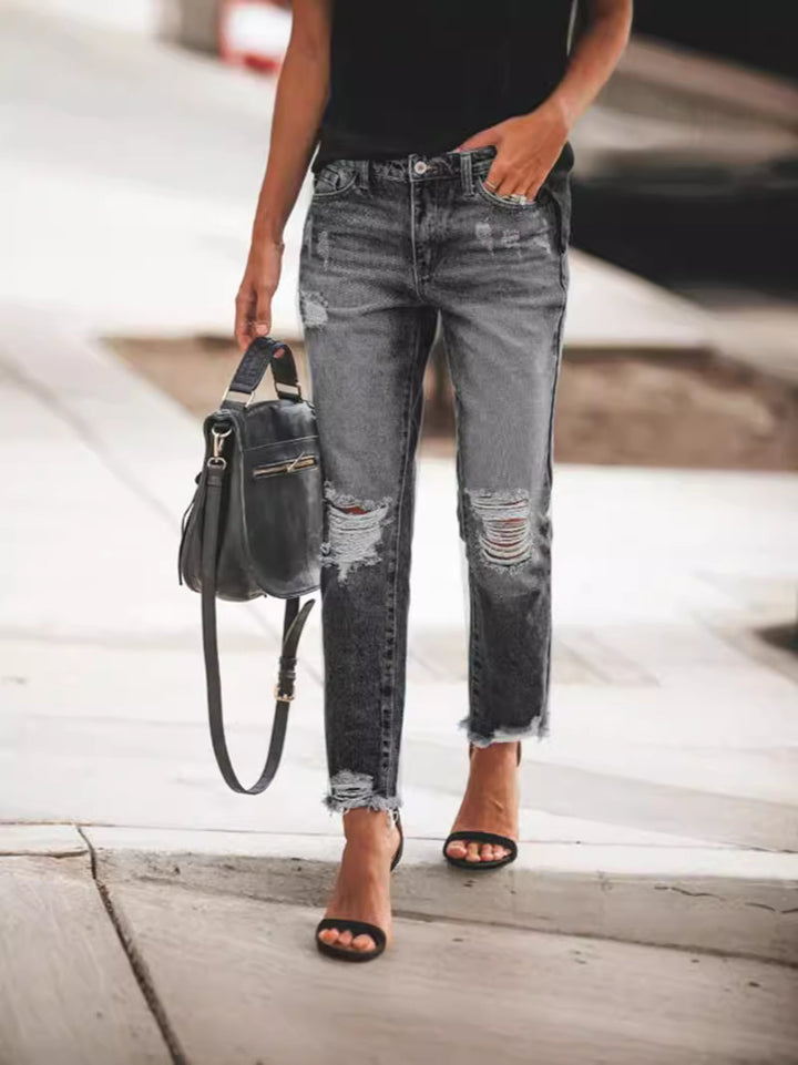 Dame Ripped Denim-Jeans med afslappet snit og frynset kant Stilla