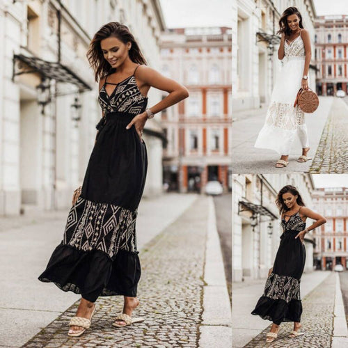 Femme Bohemian-stil maxi-kjole med justerbare stropper Stilla