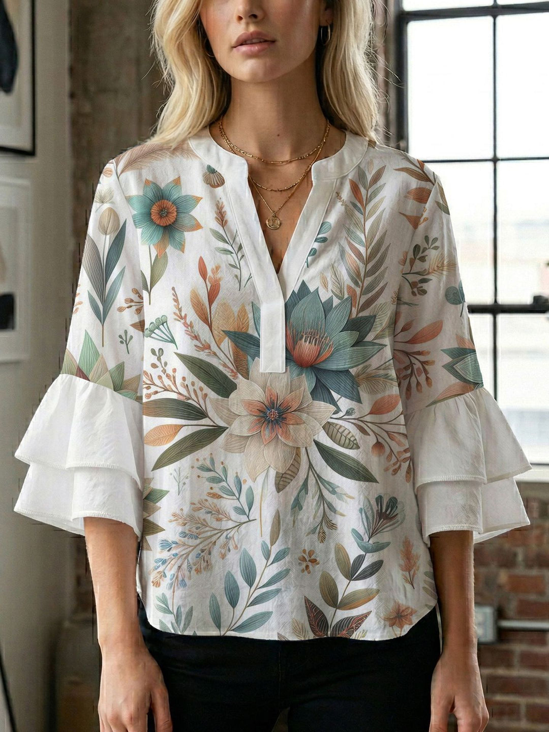 Dame bluse med voluminøse ærmer og kreativt trykdesign Skovae