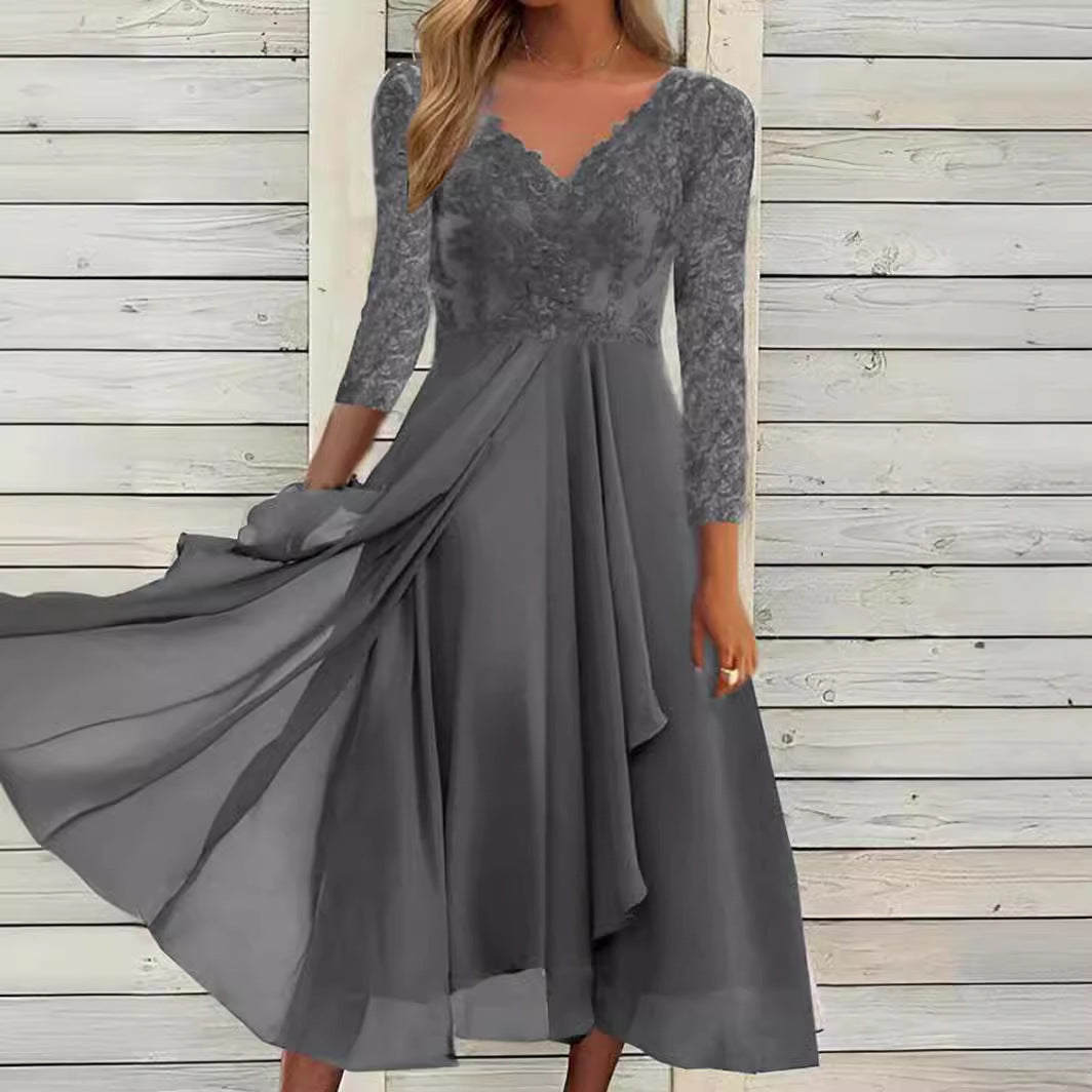 Dame Elegant aftenkjole med spidsetop og flydende nederdel Stilla