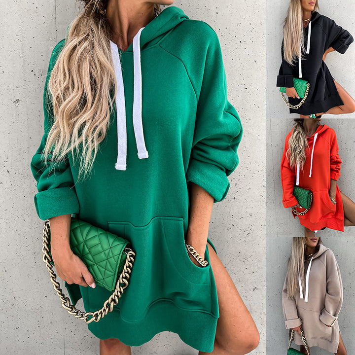 Dame hoodie kjole med hætte og sideskår Stilla