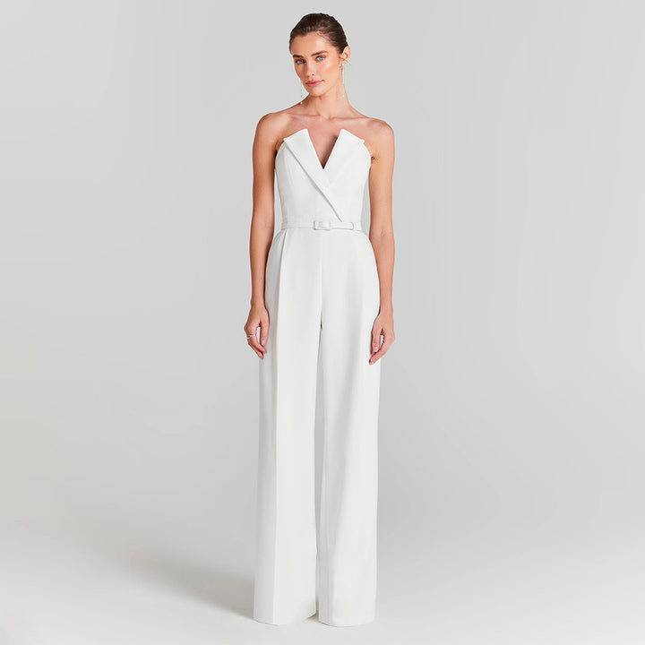 Damer elegant jumpsuit med gennemsigtige ærmer og perledekor Skovae