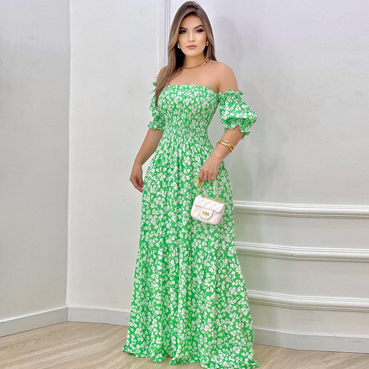 Dame Off-Shoulder Maxikjole med voluminøse pufærmer og nostalgisk rynkning Stilla
