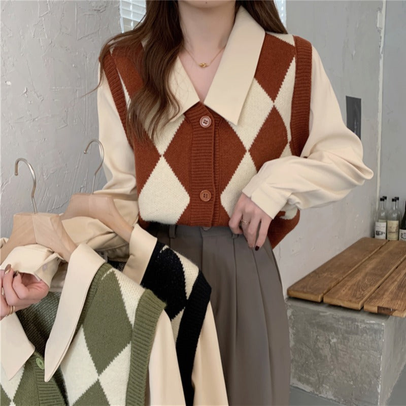 Femme Argyle Strikvest med klassisk krave Stilla