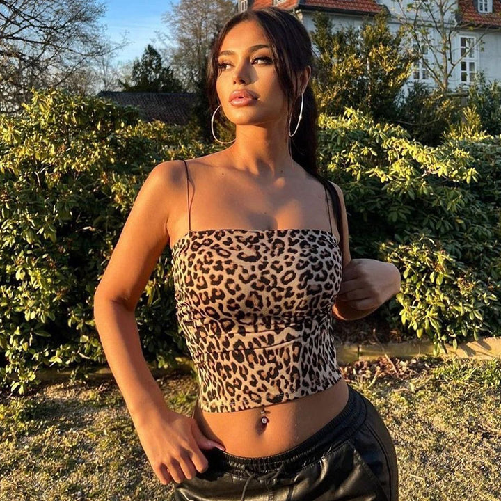 Dame Spaghetti-strop top med elegant leopardmønster Stilla