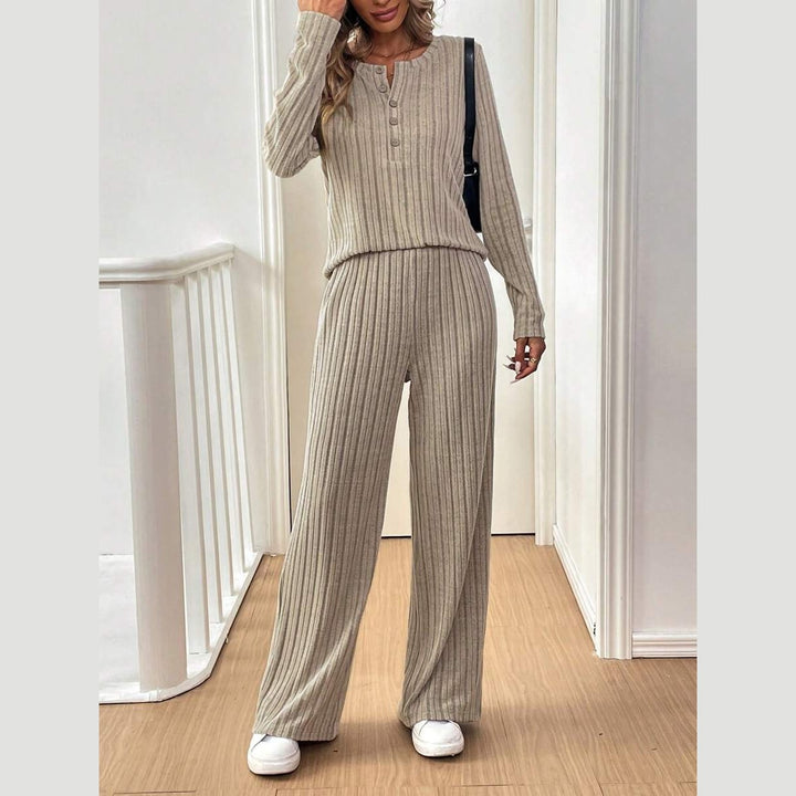 Dame afslappet strik-loungewear-sæt med knaplukning Stilla