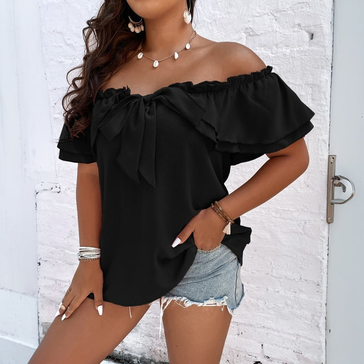 Dame skulderfri bluse T-shirt med flæse detaljer og bindebånd Stilla