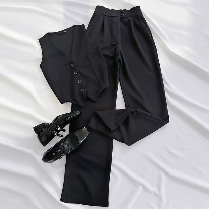 Dame Elegant Blazer-Sæt med vidde Bukseben og Knapliste Stilla