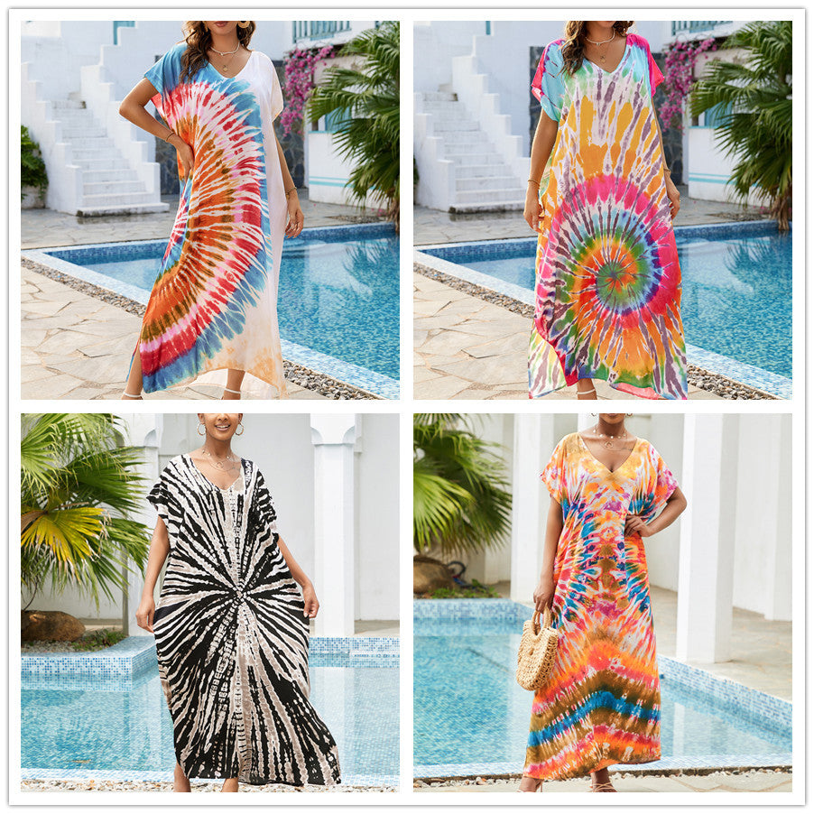 Dame Maxikjole med farverigt Tie-Dye-mønster og sidelæg Stilla