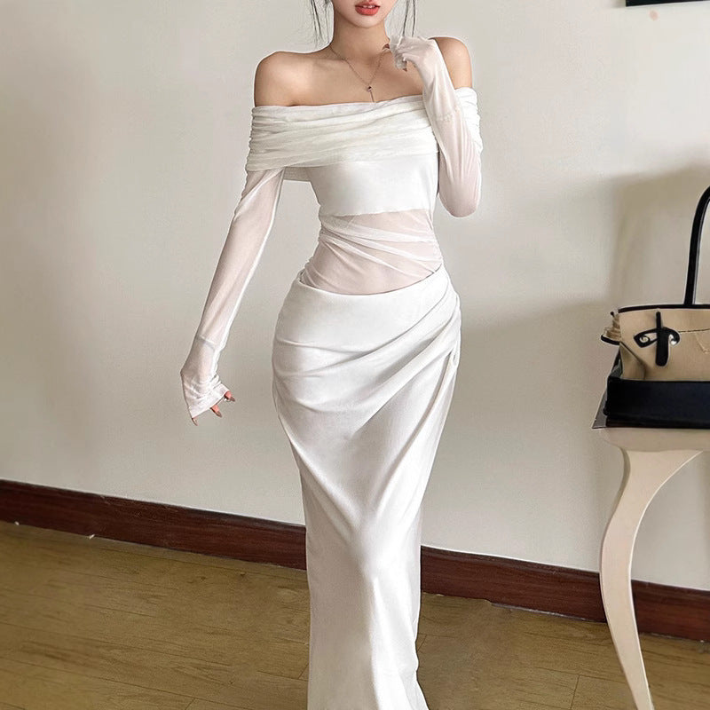 Dame Off-Shoulder Maxikjole med figursyet design og rynkning Skovae