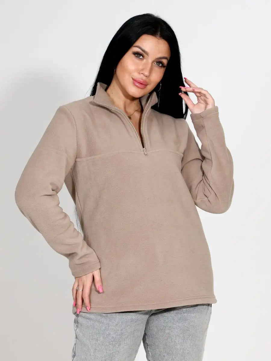 Kvinders fleece pullover med høj krave og praktisk lynlås Skovae