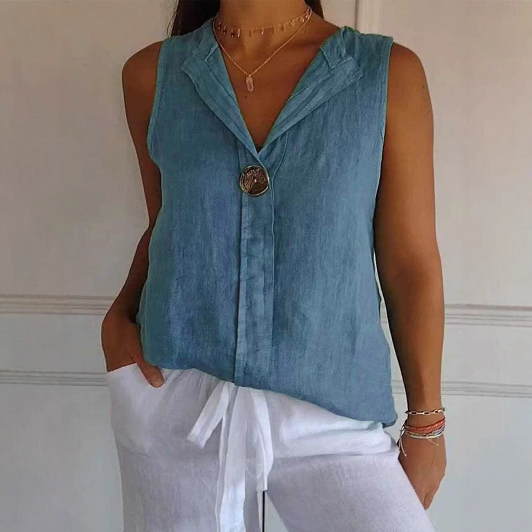 Damer linned blouse med ståkrave og knaplukning Stilla