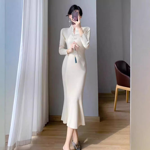 Femme Elegante Lange Ripp Maxi-Kjole med unik knaplukning Stilla
