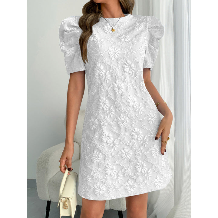 Damen Kurzarmkleid mit voluminiösen Ärmeln und floralen Stickereien Skovae