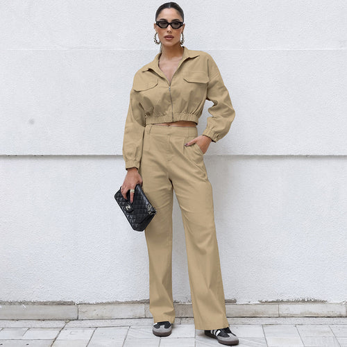 Dame Casual To-delt Sæt med cropped Jakke og bred Bukser Stilla