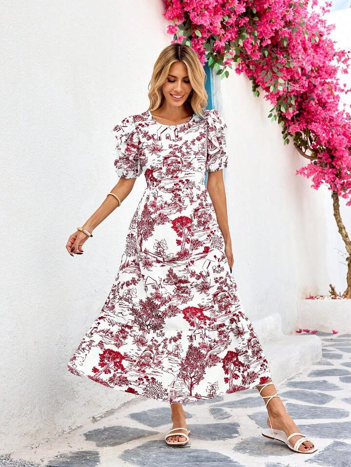 Dame Vintage Blomster Puffærme Maxi Kjole Stilla