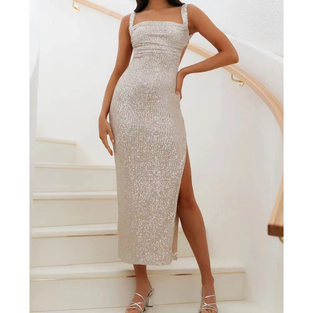 Dame Pailletter-Maxi-Kjole med elegant silhuet og raffinerede draperingseffekter Stilla