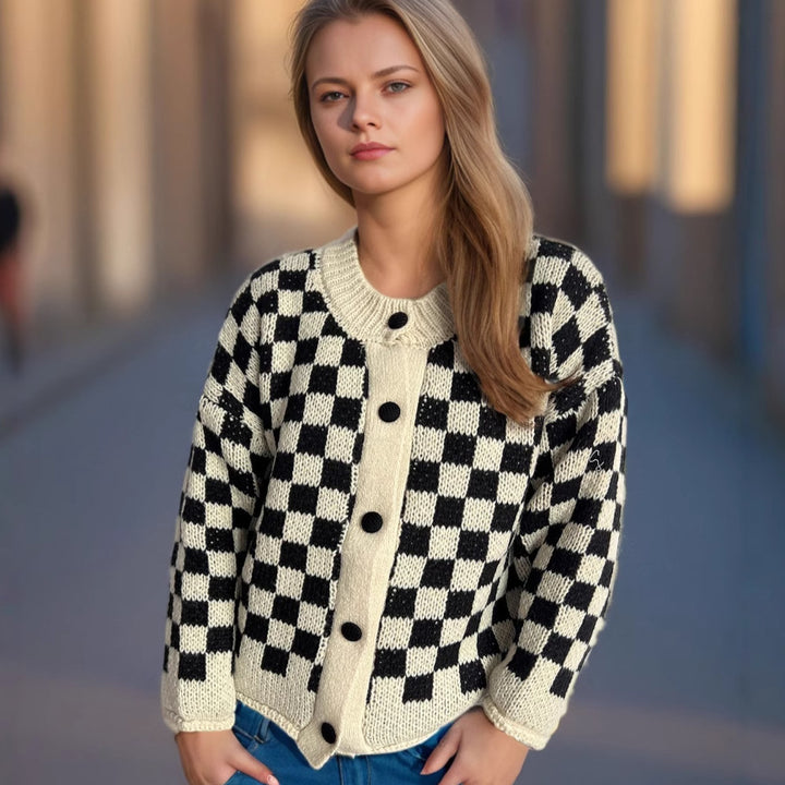 Kvinders mønstrede cardigan med store knapper og løs pasform Stilla