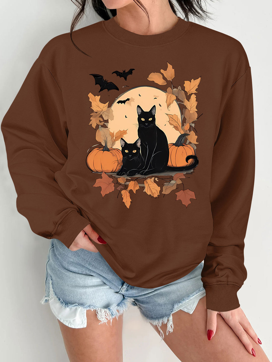 Dame sweatshirt med efterårs kat og græskar design Stilla