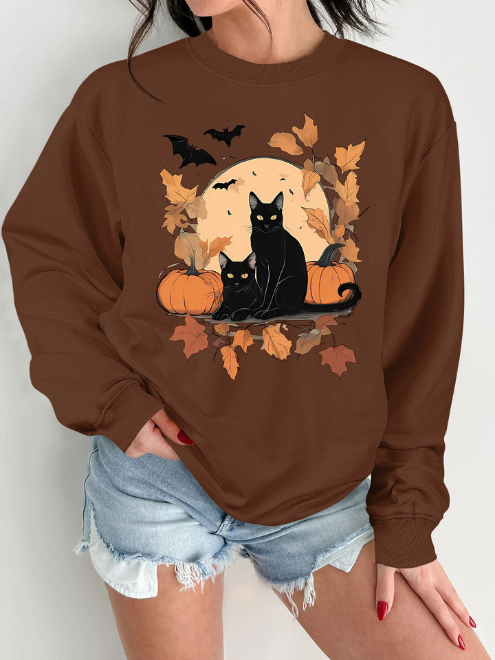 Dame sweatshirt med efterårs kat og græskar design Stilla