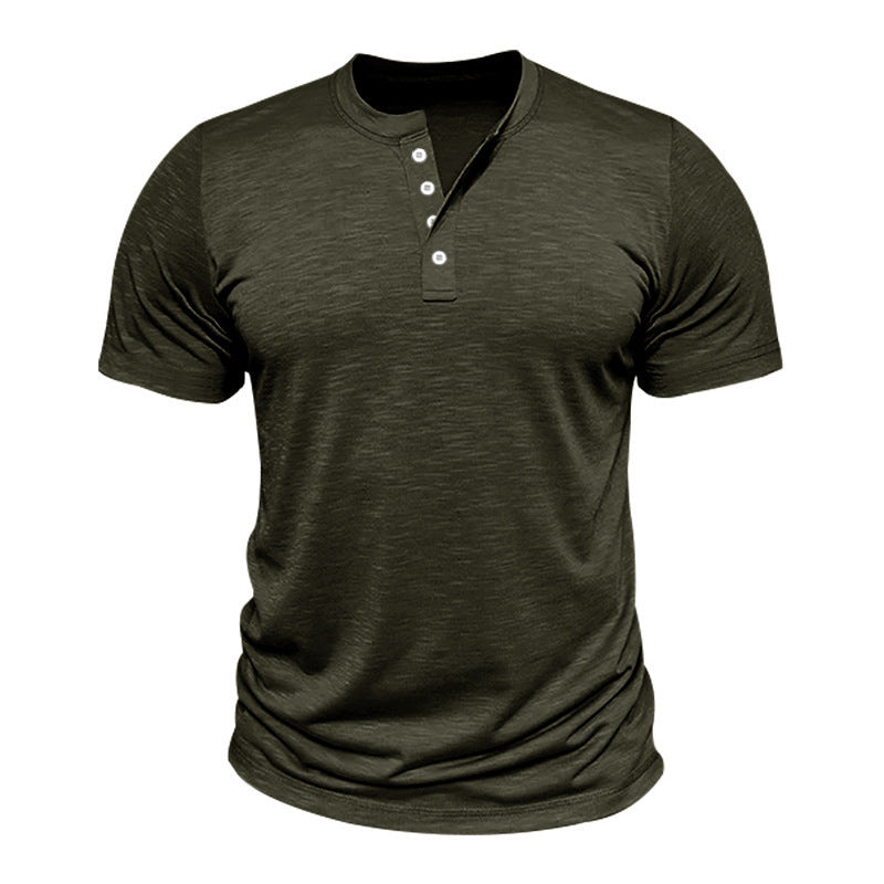 Herre kortærmet Henley T-shirt med dekorative knapdetaljer og glat overflade Stilla