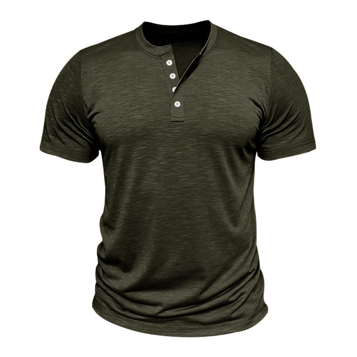 Herre kortærmet Henley T-shirt med dekorative knapdetaljer og glat overflade Stilla