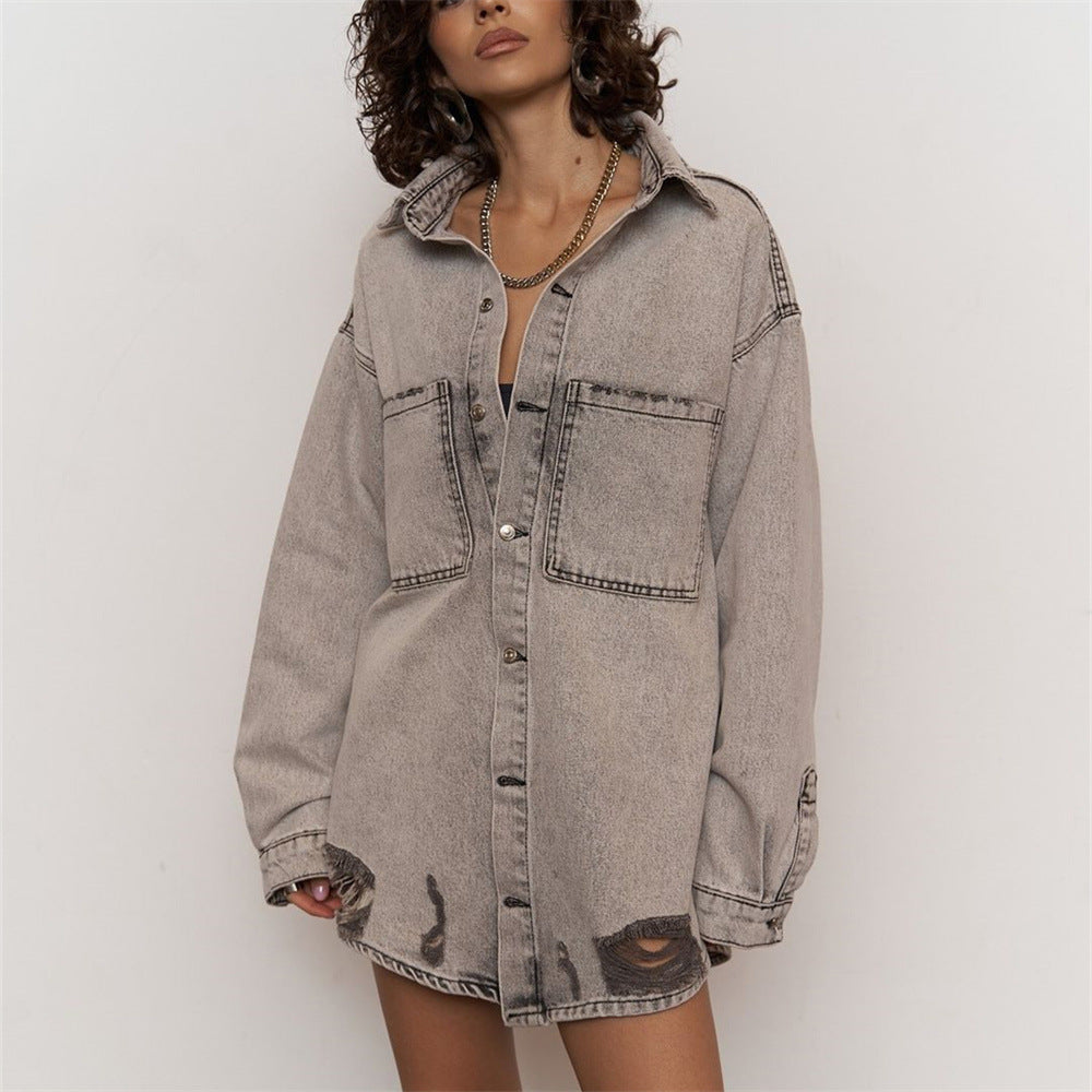 Kvinders Mode Jeans Skjorte Jakke med Slidte Detaljer Stilla