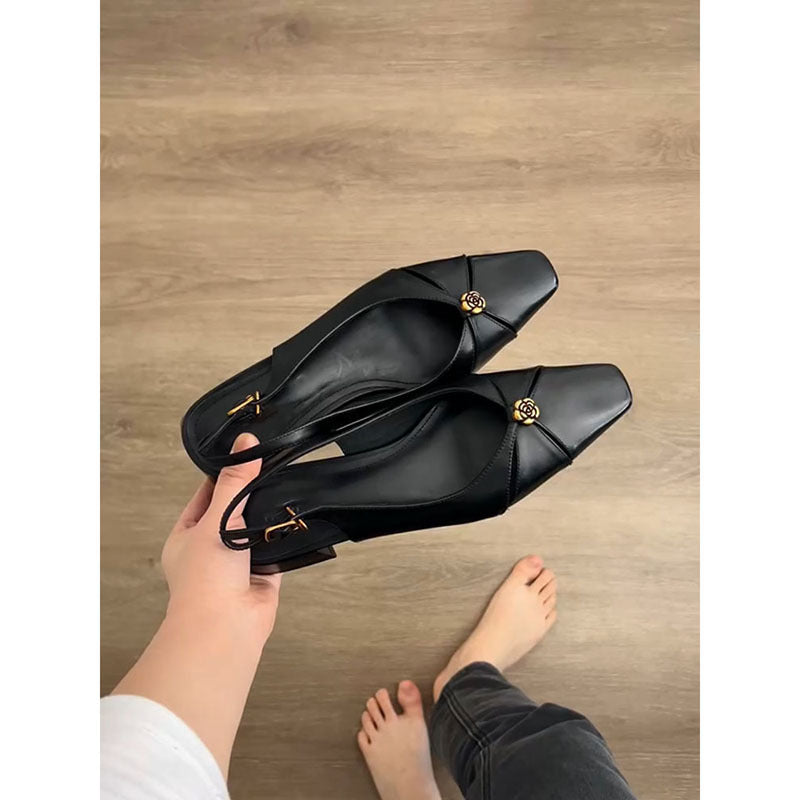 Dame Elegant Kvadrat Tå Slingback Ballerinas med dekorativt Guldaccent Stilla