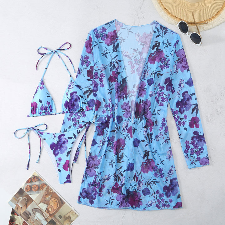 Dame badetøj sæt med floral kimono og moderigtig triangel bikini Stilla