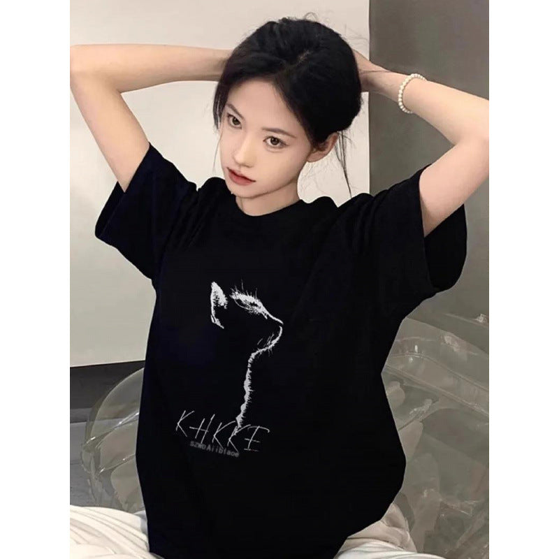 Dame T-shirt med kreativ kattemotiv og afslappet snit Stilla