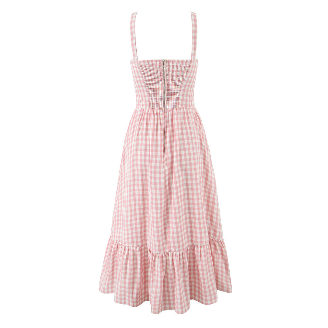 Femme Gingham Midi Kjole med Knude Front og Volang Kant Stilla
