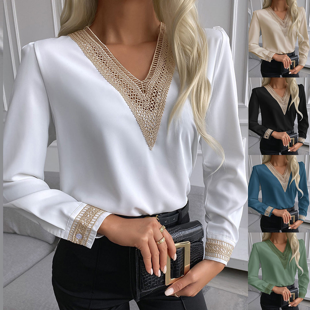 Dame elegant bluse med V-hals og fint udførte spidsdetaljer Stilla