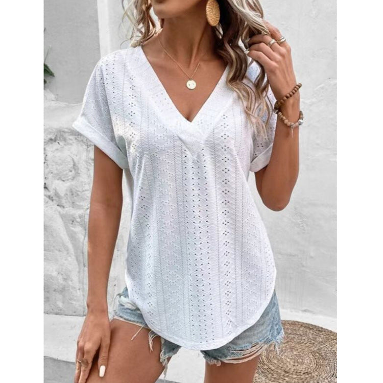 Dame fritids V-hals bluse med hulmønster Stilla