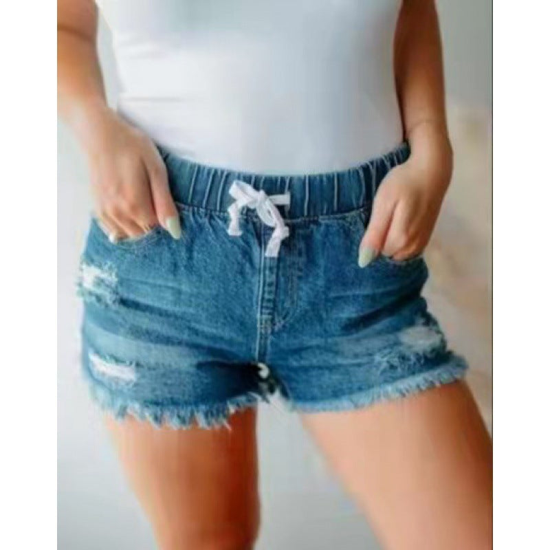Femme Distressed Højthavede Denim Shorts med justerbart taljebånd Stilla