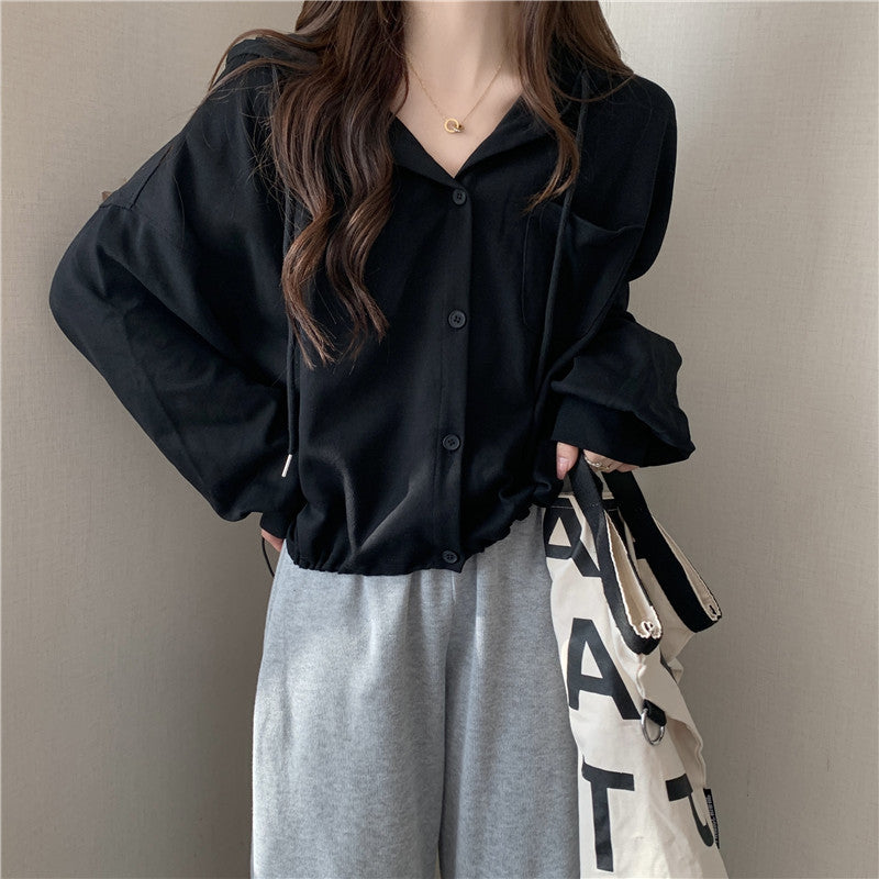 Femme Fritid Knap-Op Hoodie med justerbar Snor Stilla