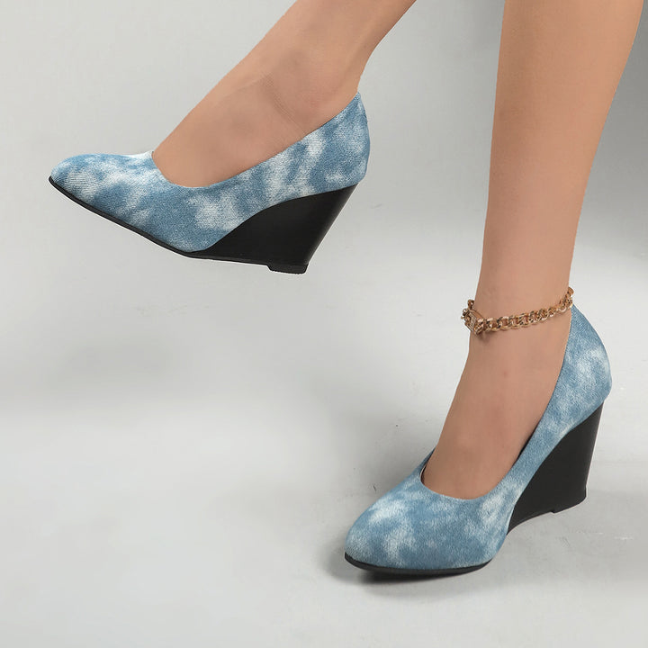 Dame Wedge-Pumps med moderigtigt denim-design og elastisk fodseng Stilla