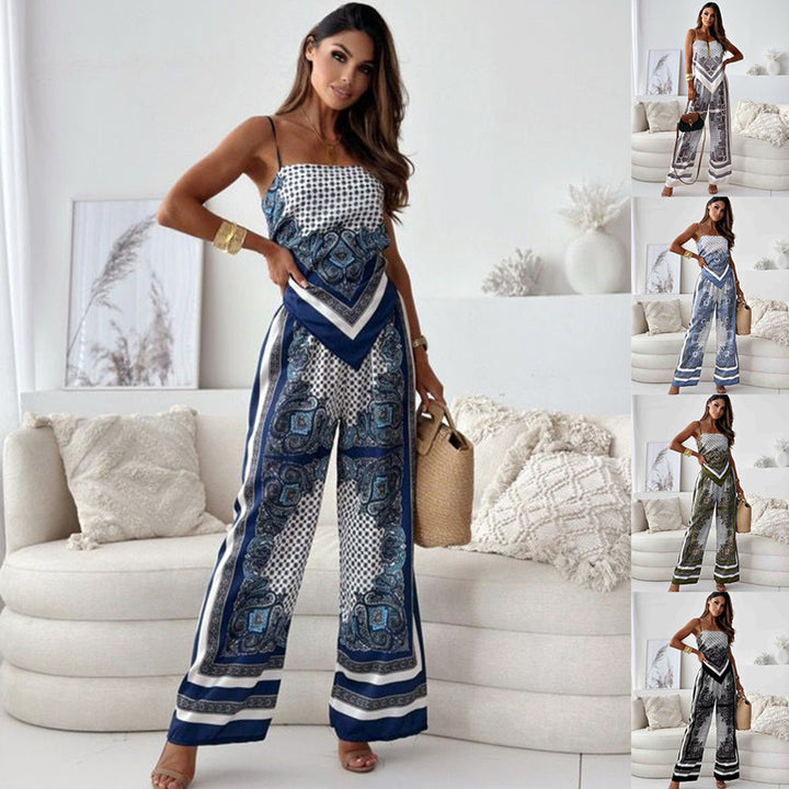 Dame maksimal bicolor jumpsuit med fine stropper og stilfuldt mønster Stilla