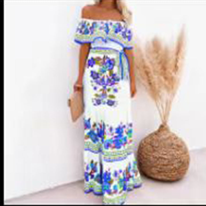 Dame Off-Shoulder Maxikjole med blomster mønstre og elastisk taljebælte Stilla