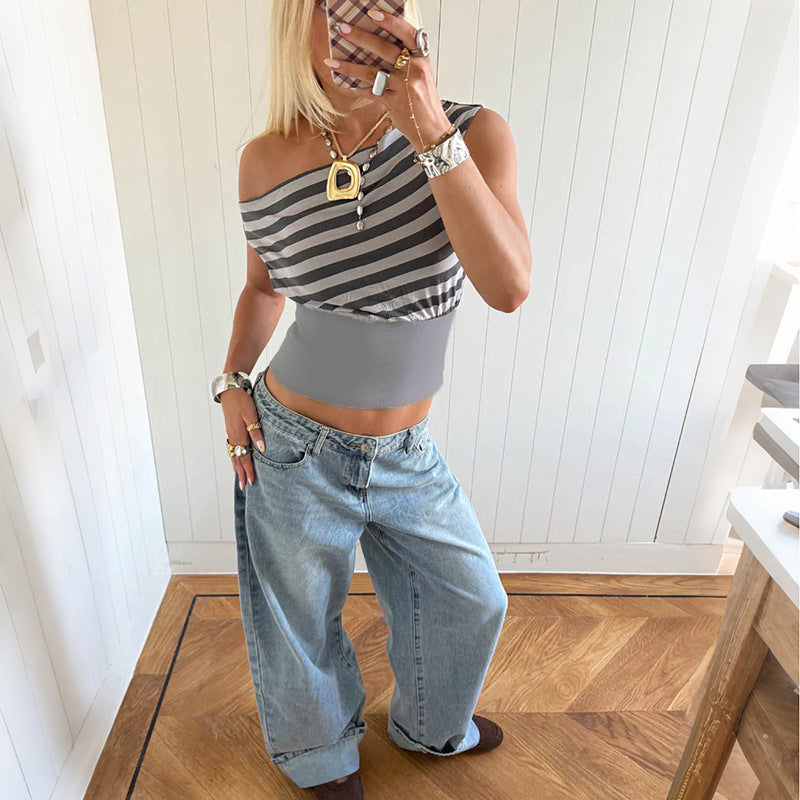 Dame Asymmetrisk Top med stribet design Skovae