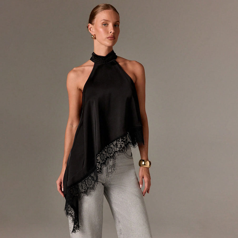Dames elegant halterneck top med sofistikeret blonder trim Stilla