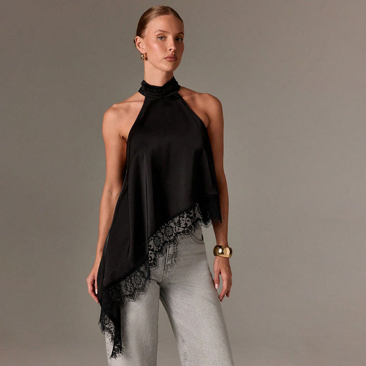 Dames elegant halterneck top med sofistikeret blonder trim Stilla