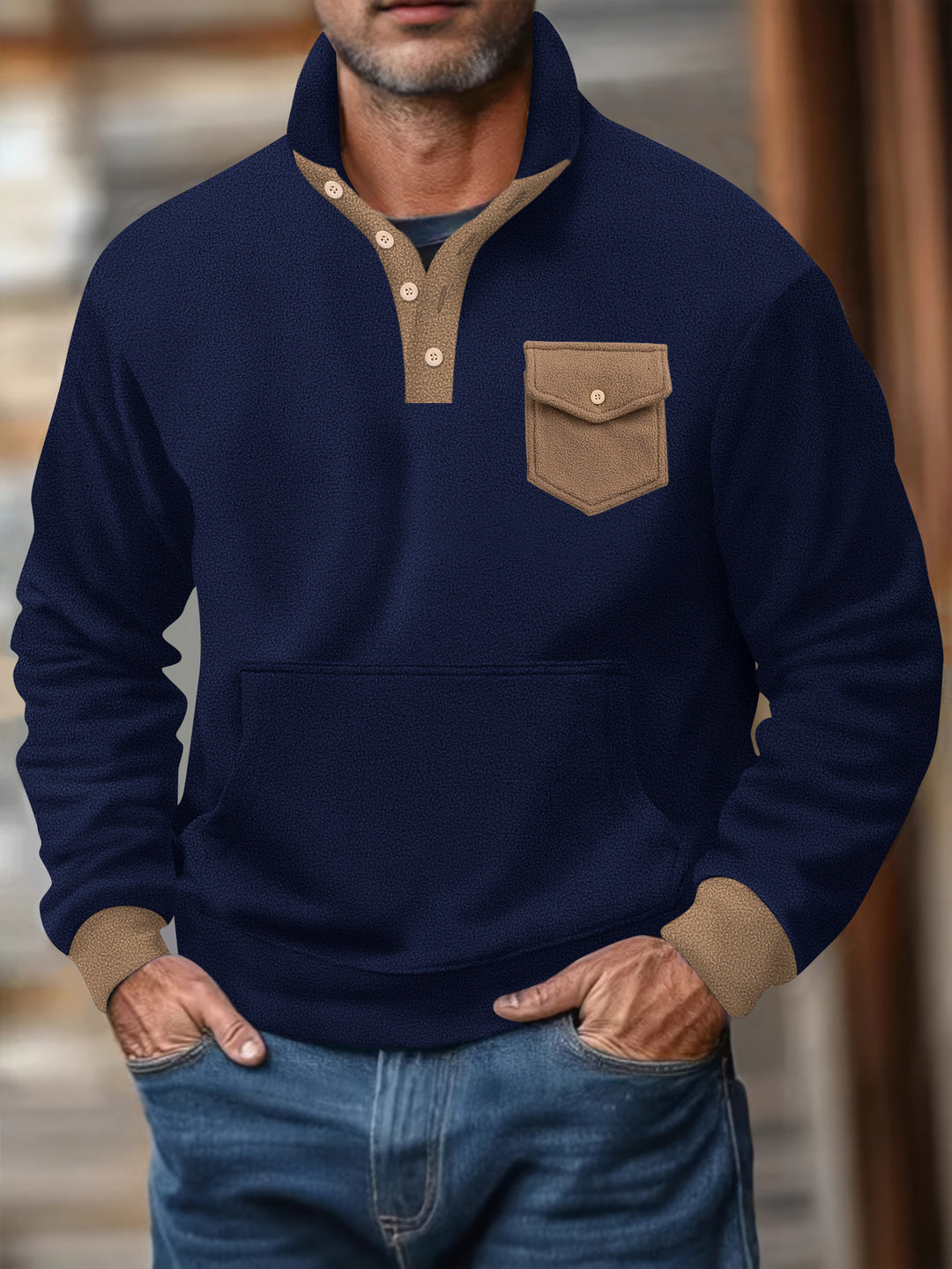 Herrer sweatshirt med moderne ståkrave og påsyet lomme Stilla