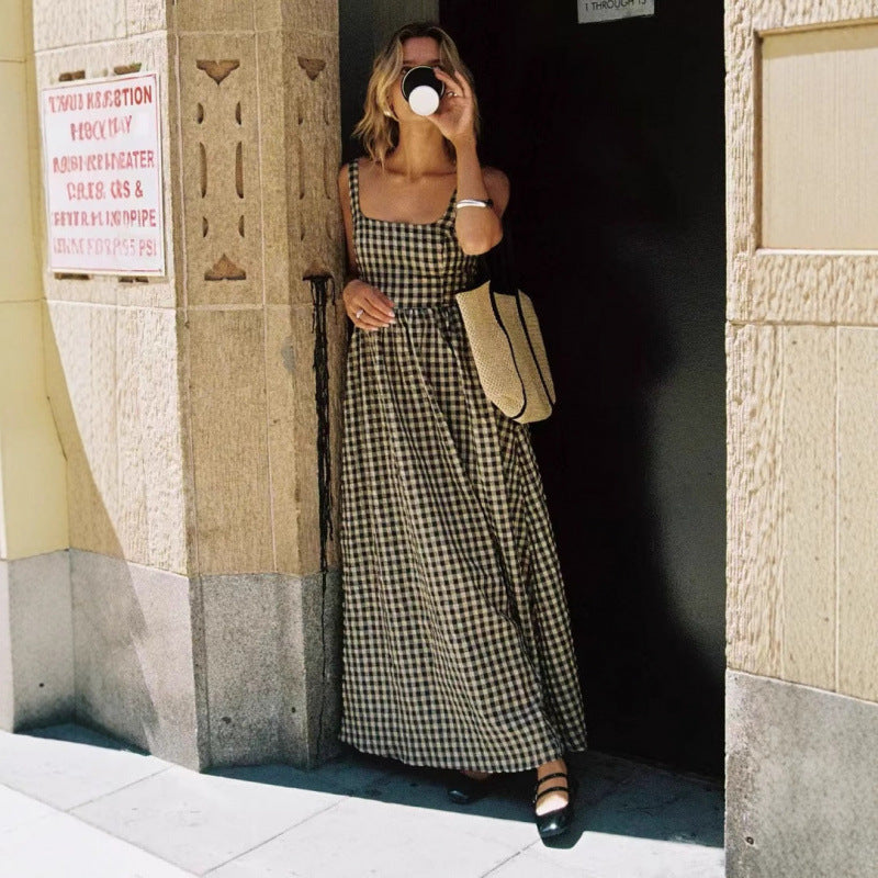 Dame Gingham Ternet Maxi-Kjole med justerbare stropper Stilla