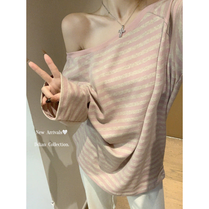 Kvinders afslappede oversized off-shoulder langærmet skjorte med stribet mønster Stilla