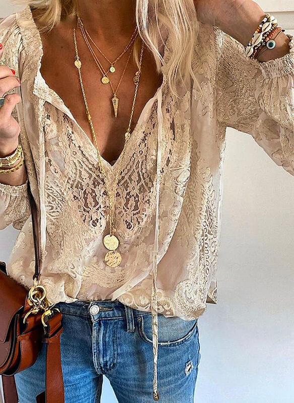 Dame elegant bluse med fin lace og dyb V-udskæring Skovae